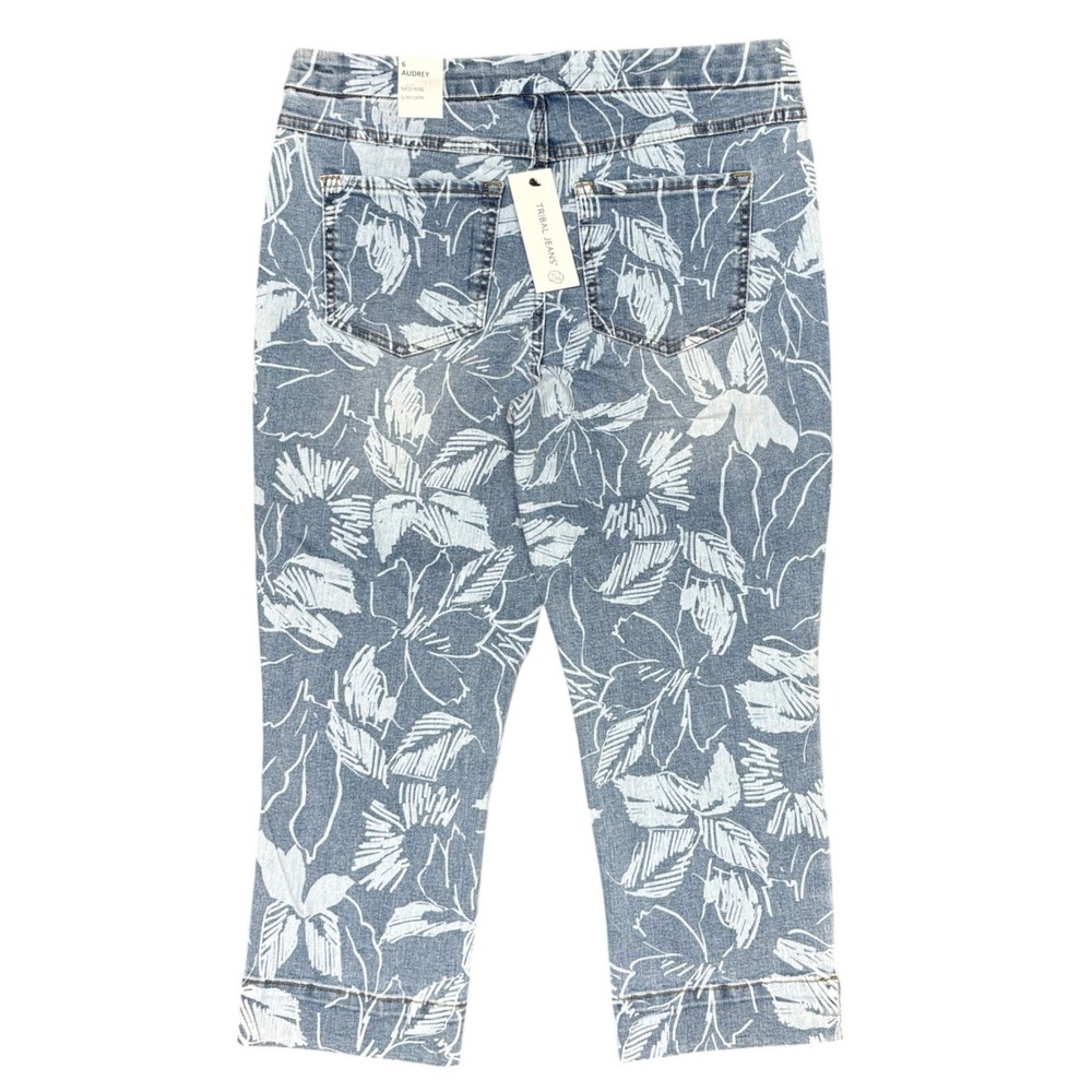 Tribal Jeans Audrey Mid-Rise Slim Capri Blue Floral Print Denim Pants 6 NEW - Picture 2 of 8